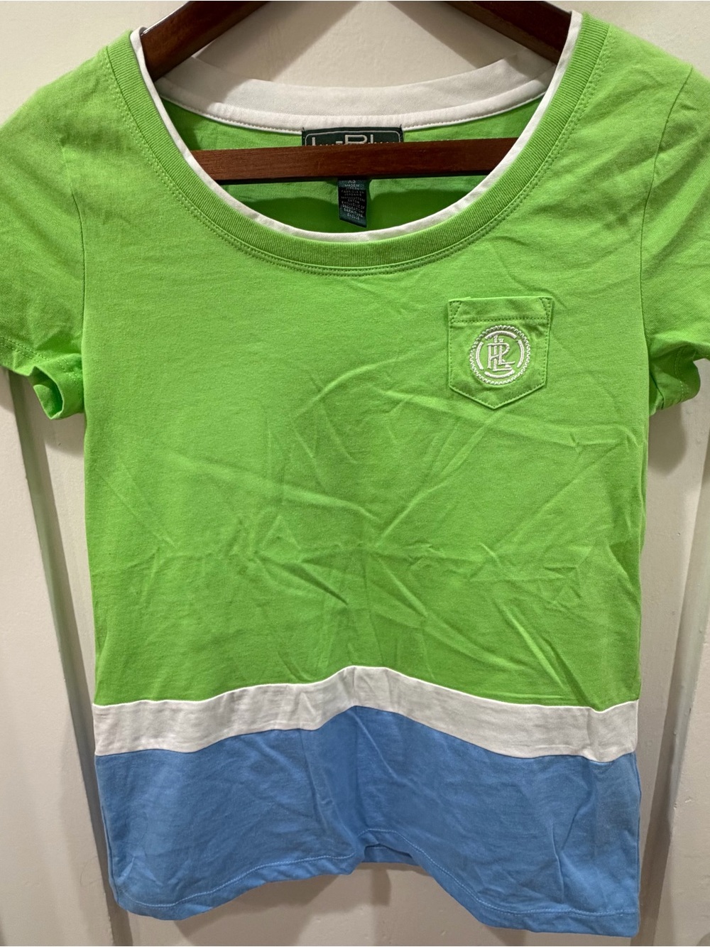 Ralph Lauren Lime Green, Light Blue & White Colorblock Short Sleeve Tee